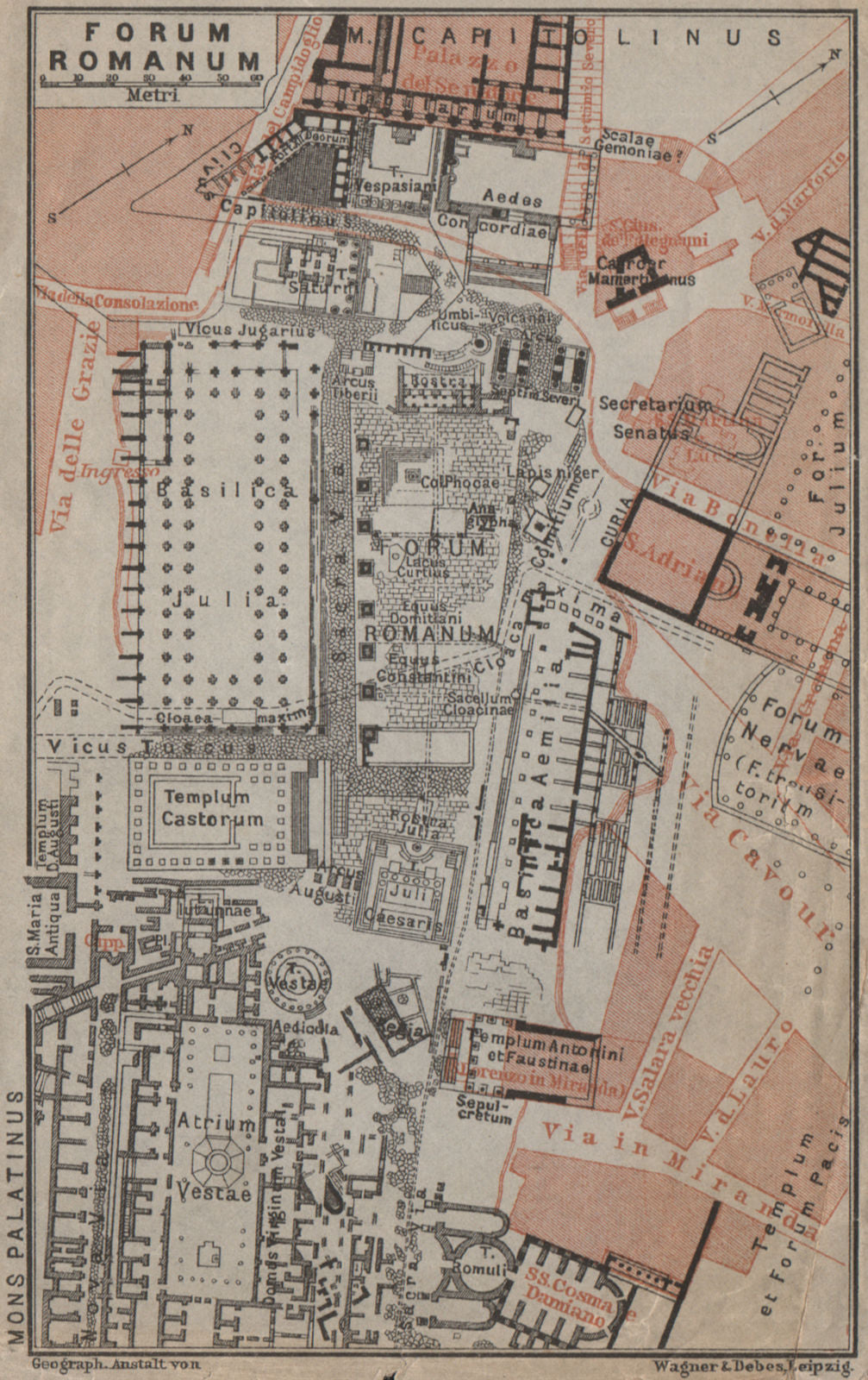 FORUM ROMANUM ground plan, Rome. Roman Forum mappa. BAEDEKER 1909 old